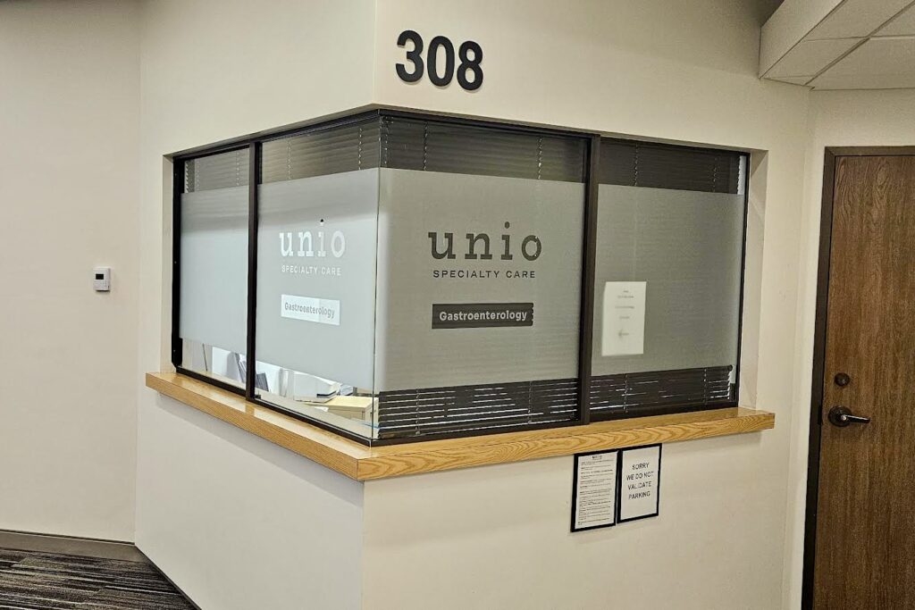 Corner window with frosted vinyl window finish for healthcare office privacy – Pasadena