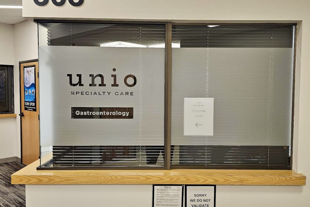 Frosted vinyl healthcare office signage for privacy at Unio Healthcare Pasadena