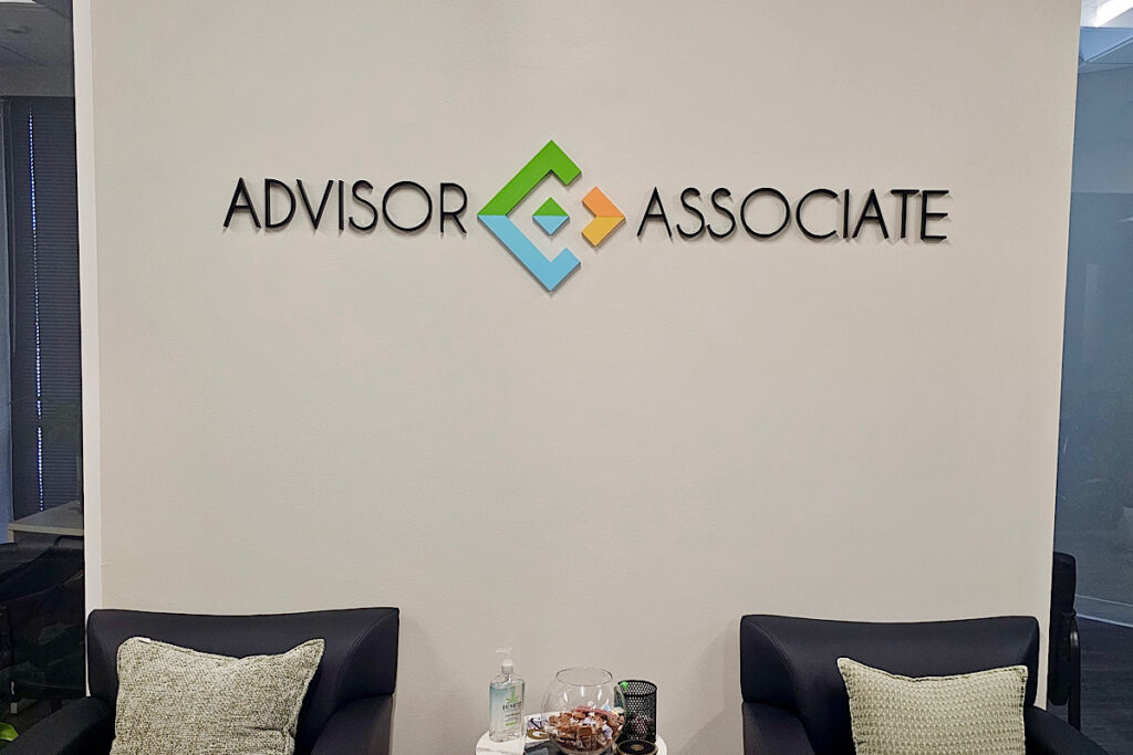 View of the reception sign in the Advisor Associates lobby