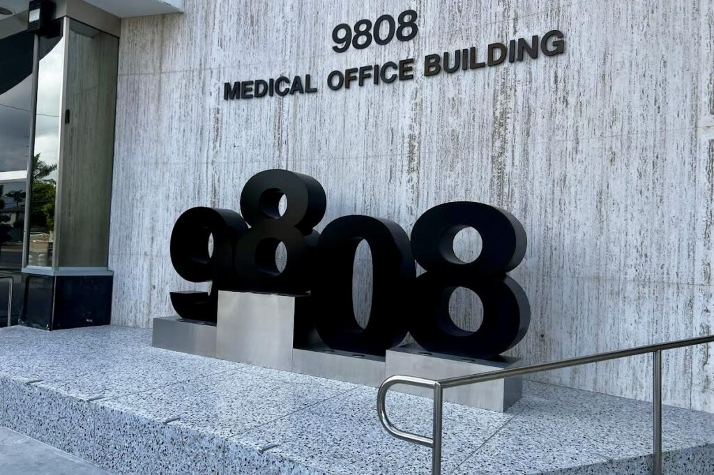 Brotman Plaza 9808 aluminum address numbers – freestanding architectural numbers, Culver City.