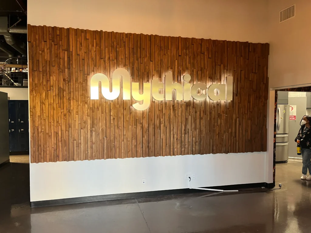 The backlit channel letters of mythical entertainment in Burbank
