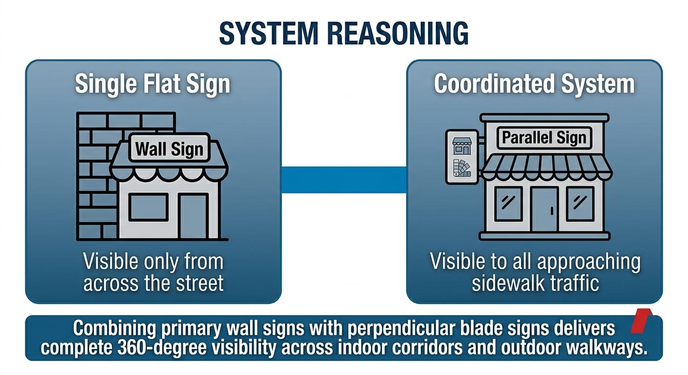 System Reasoning Diagram: Visibility Comparison between Single Flat Wall Sign and Coordinated Blade System